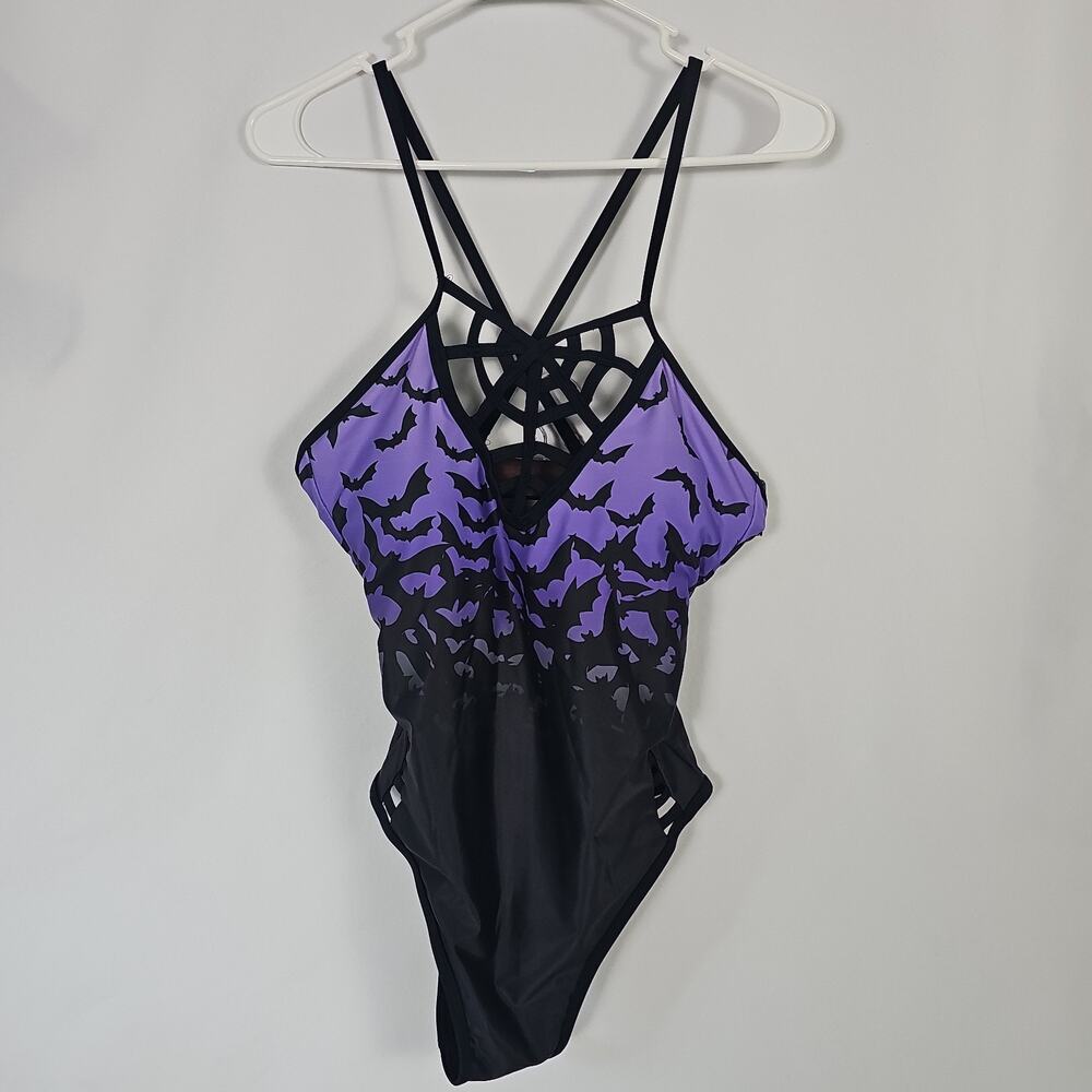 Too Fast Gothic Bat Spiderweb One Piece Swimsuit Purple Black Halloween Medium M